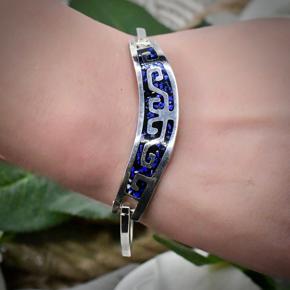 Vintage Mexican 925 Sterling Silver Lapis Lazuli Inlay Greek Key Bangle 16g 7"